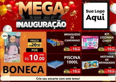 Modelo de Encarte para Encarte A4 Horizontal com o tema Mega Inauguração para Brinquedos