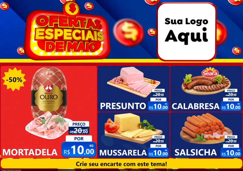 Modelo de Encarte para Encarte A4 Horizontal com o tema Ofertas Especiais de Maio para Frios e Laticínios