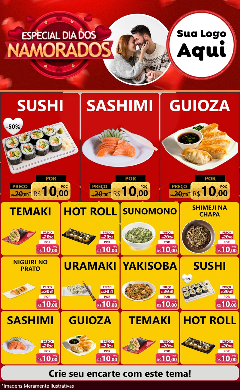 Modelo de Encarte para Encarte Grande com o tema Especial Dia Dos Namorados para Comida japonesa