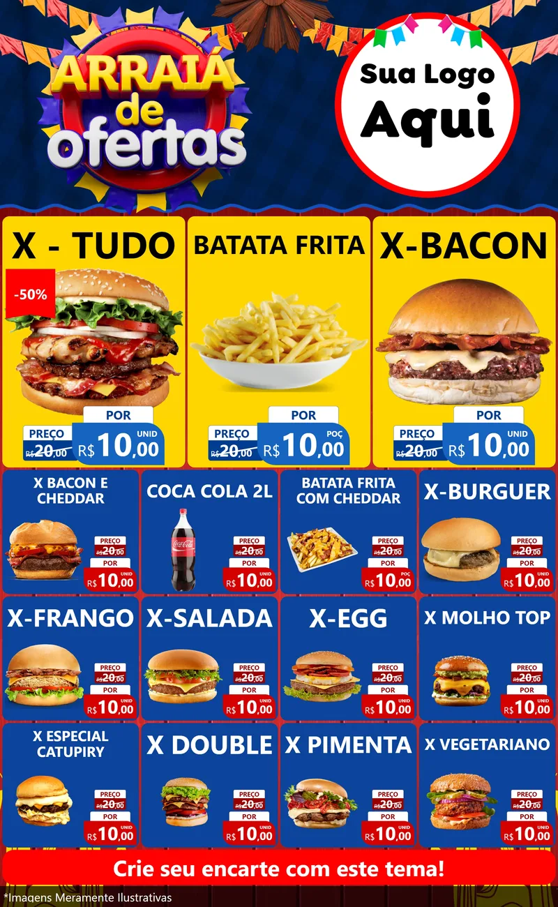 Modelo de Encarte para Encarte Grande com o tema Arraiá de Ofertas para Hamburgueria