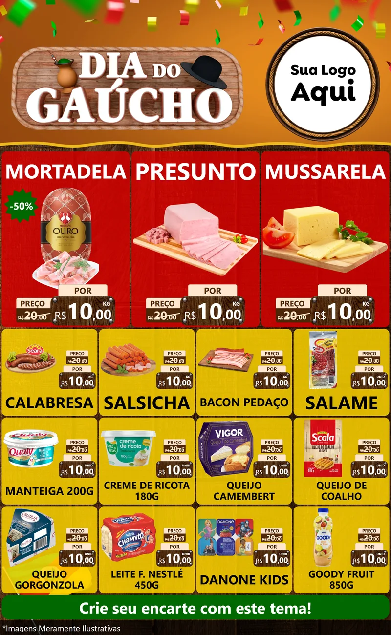 Modelo de Encarte para Encarte Grande com o tema Dia do Gaúcho para Frios e Laticínios