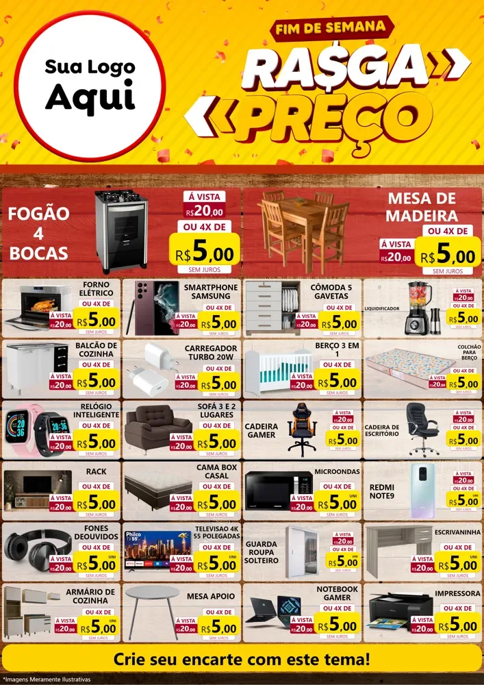 Modelo de Encarte para Encarte A4 Vertical com o tema Fim de Semana Rasga Preços para Móveis e Eletro