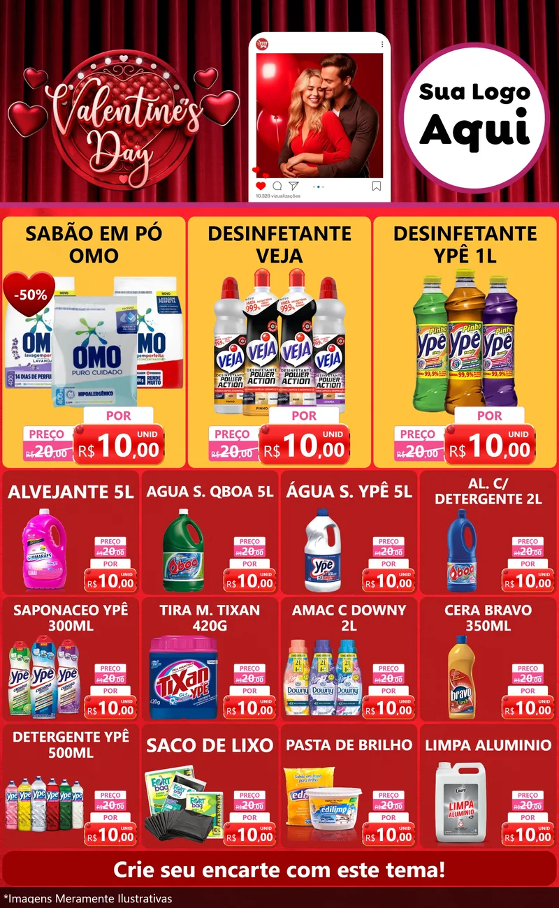Modelo de Encarte para Encarte Grande com o tema Valentine's Day para Produtos de Limpeza