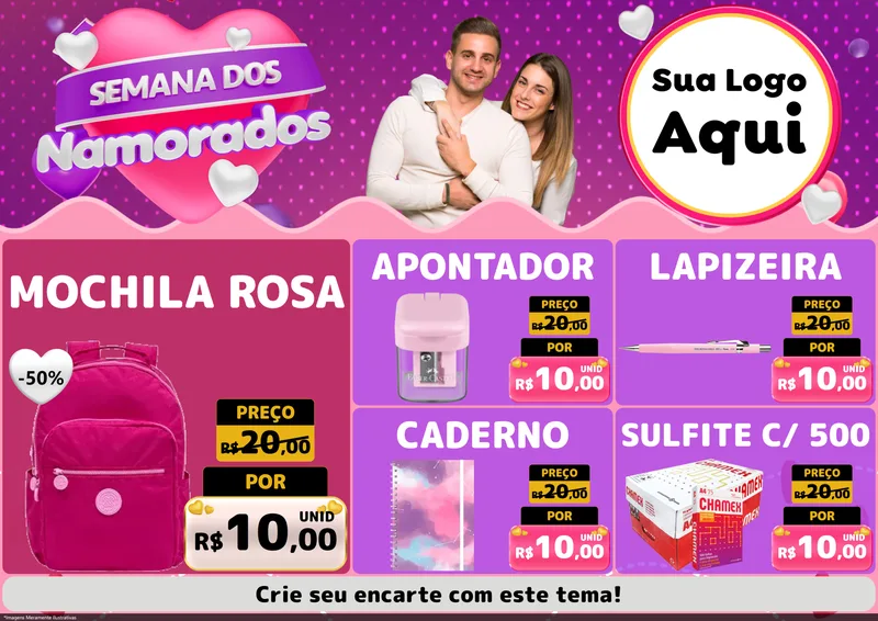 Modelo de Encarte para Encarte A4 Horizontal com o tema Semana dos Namorados para Papelaria