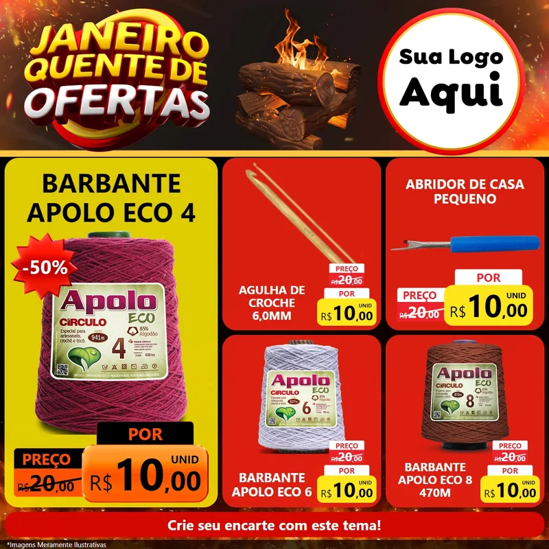 Modelo de Rede Social para Feed Facebook com o tema Janeiro Quente de Ofertas para Armarinho e Aviamentos