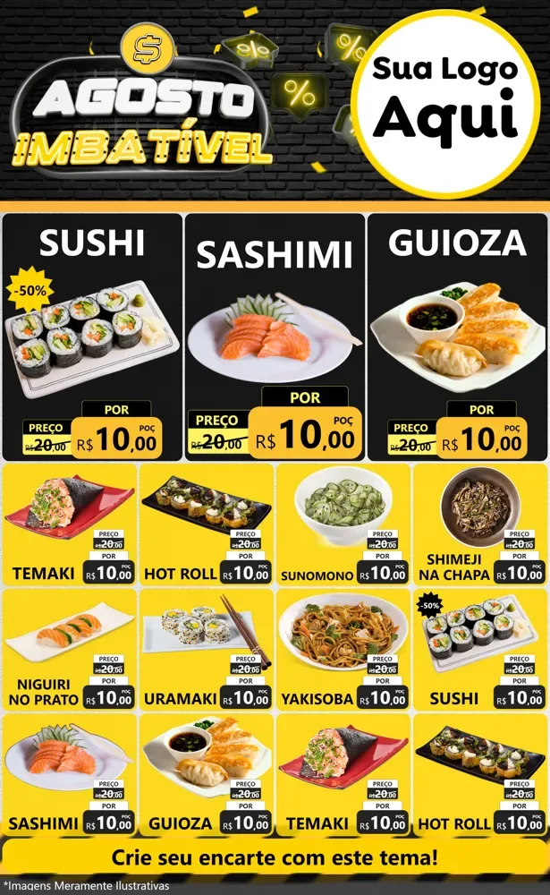 Modelo de Encarte para Encarte Grande com o tema Agosto Imbatível para Comida japonesa