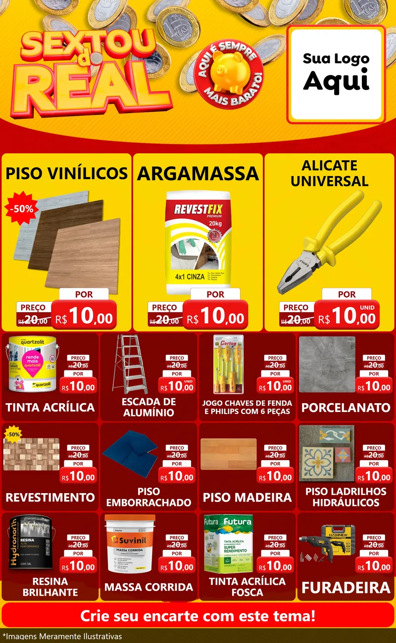 Modelo de Encarte para Encarte Grande com o tema Sextou do Real para Material para Construção