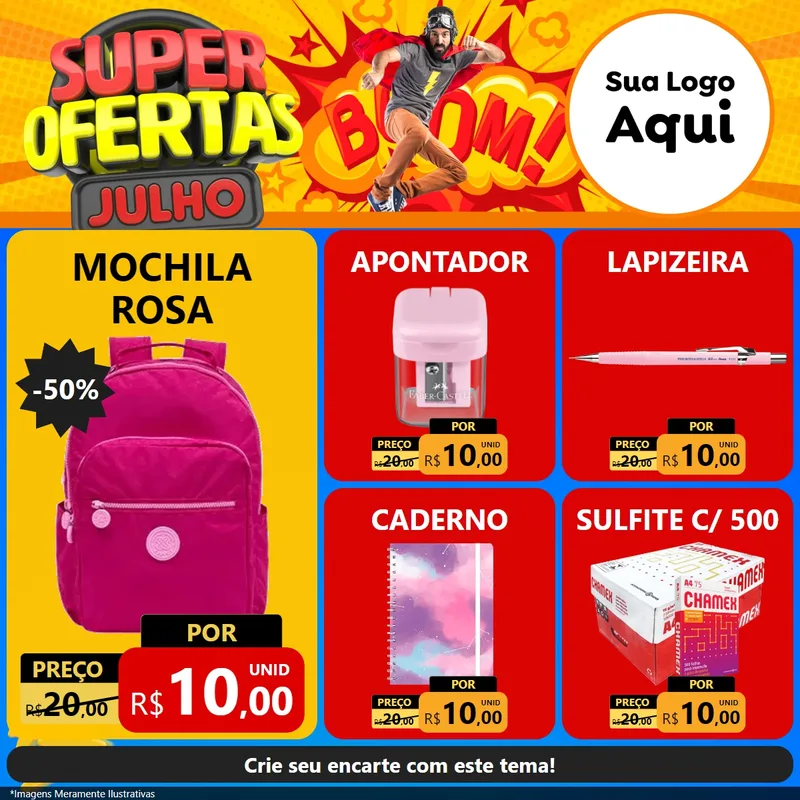 Modelo de Rede Social para Feed Facebook com o tema Super Ofertas Julho para Papelaria