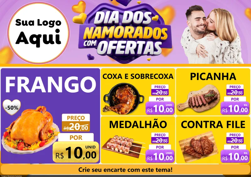 Modelo de Encarte para Encarte A4 Horizontal com o tema Dia Dos Namorados Com Ofertas para Assados
