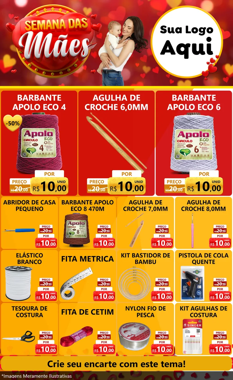 Modelo de Encarte para Encarte Grande com o tema Semana das Mães para Armarinho e Aviamentos