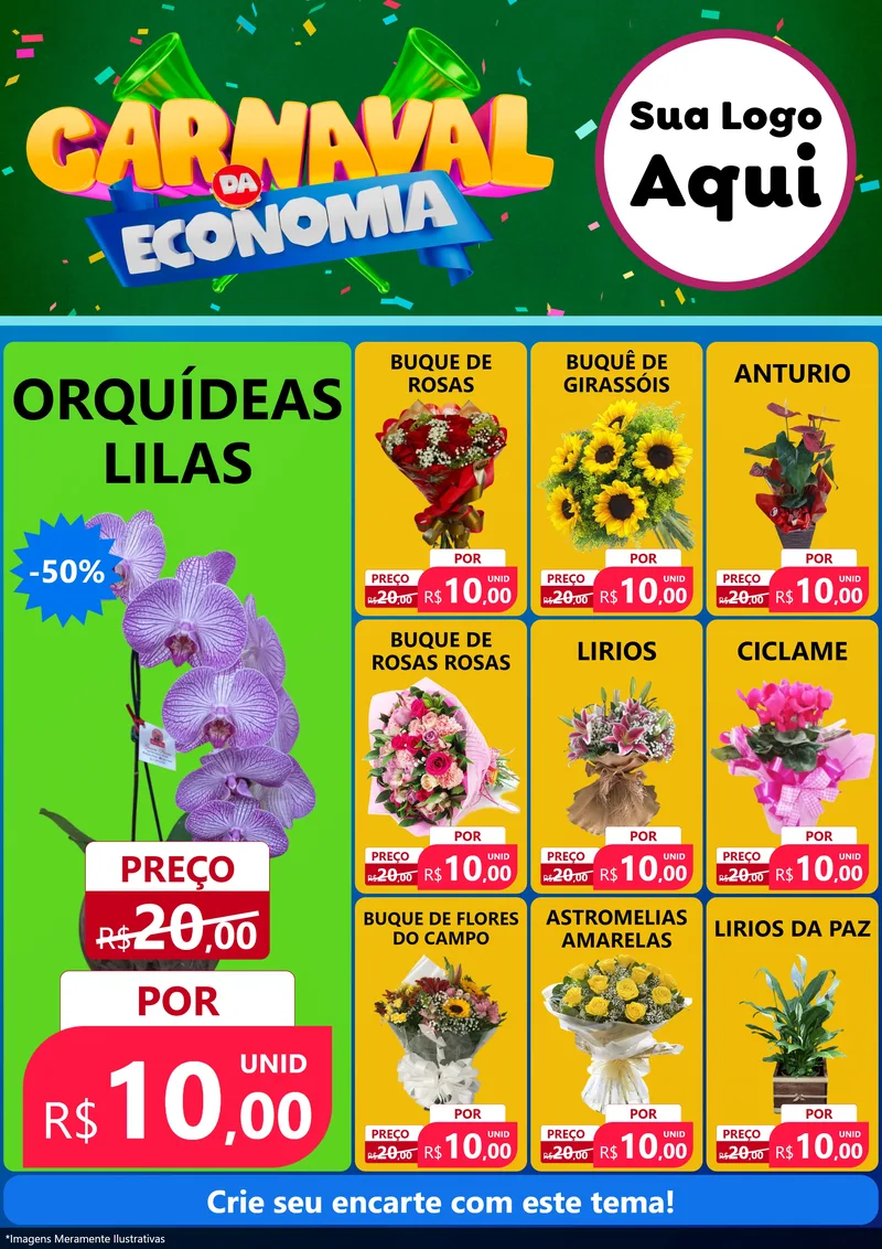 Modelo de Encarte para Encarte A4 Vertical com o tema Carnaval da Economia para Floricultura e jardim