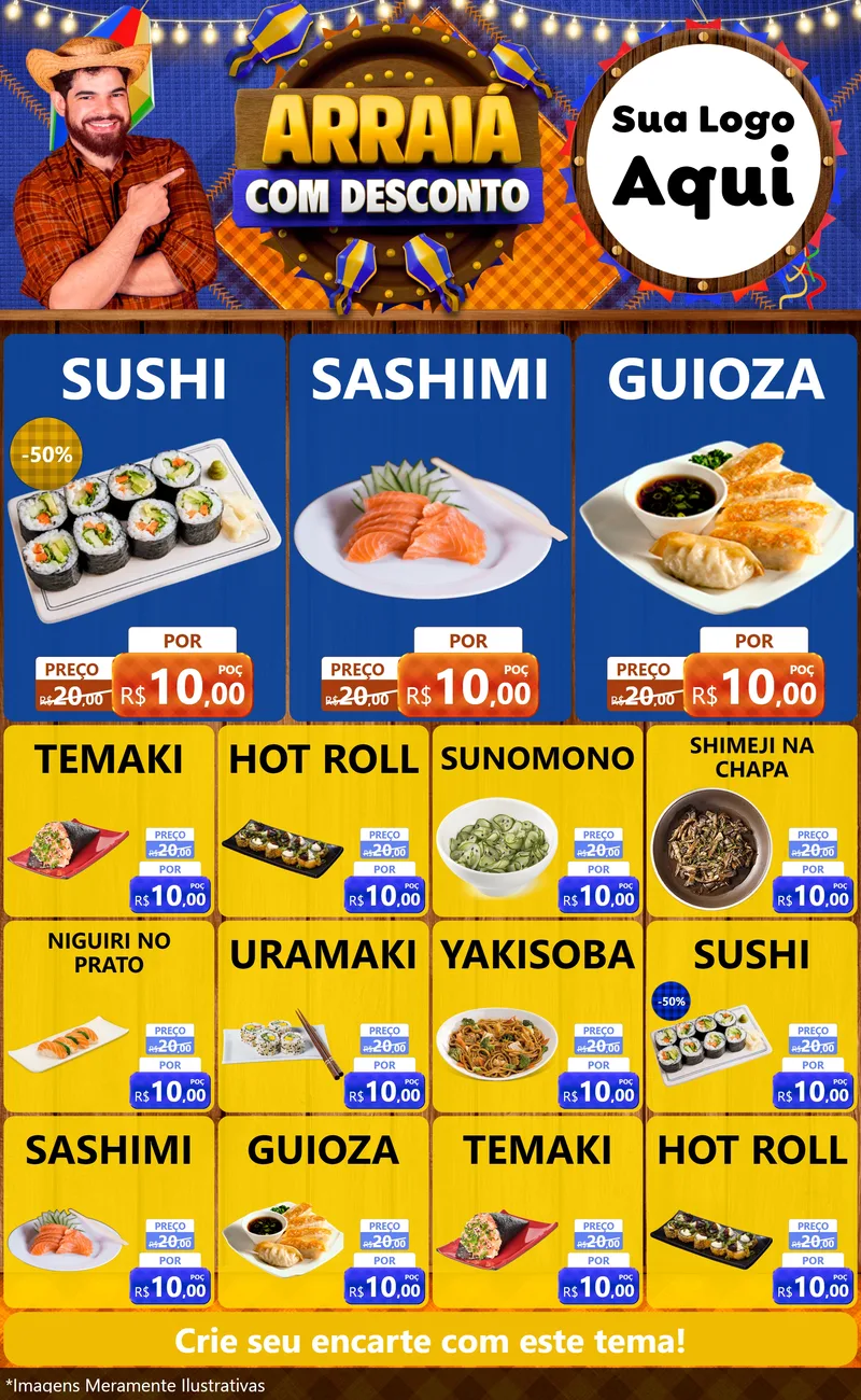 Modelo de Encarte para Encarte Grande com o tema Arraiá Com Desconto para Comida japonesa