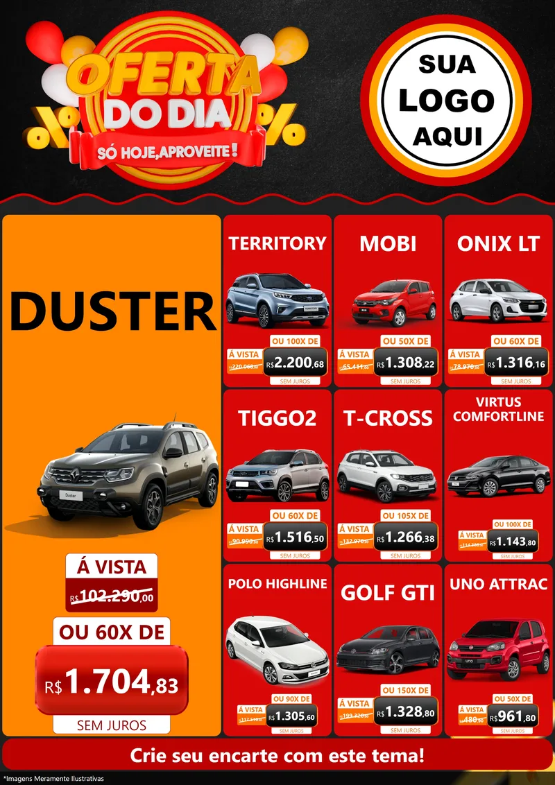Modelo de Encarte para Encarte A4 Vertical com o tema Oferta do Dia - Só hoje, Aproveite! para Concessionaria de Carros