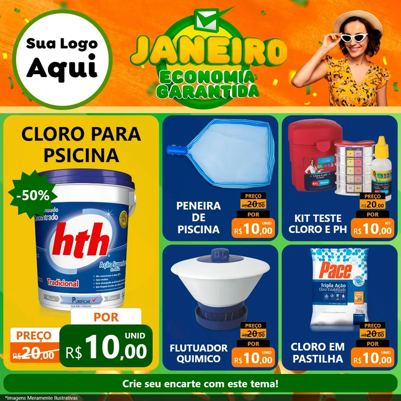 Modelo de Rede Social para Feed Facebook com o tema Janeiro - Economia Garantida para Produtos para Piscina