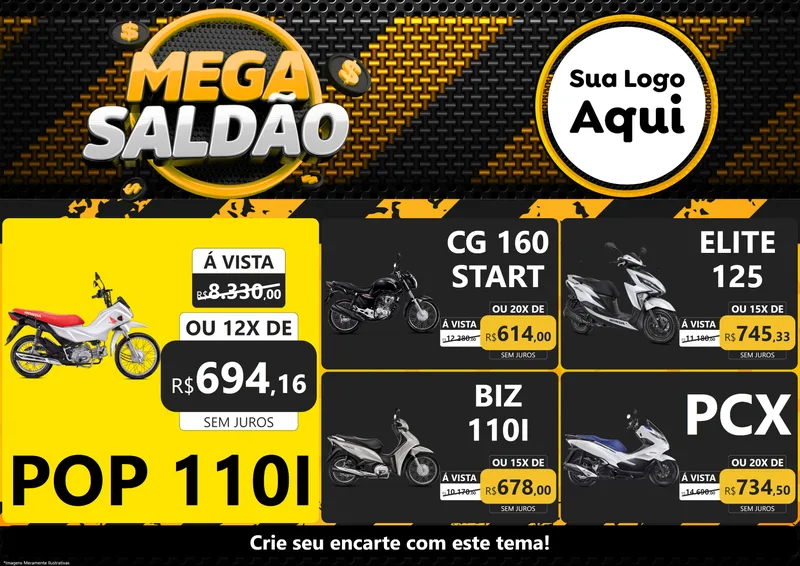 Modelo de Encarte para Encarte A4 Horizontal com o tema Mega Saldão para Concessionaria de Motos