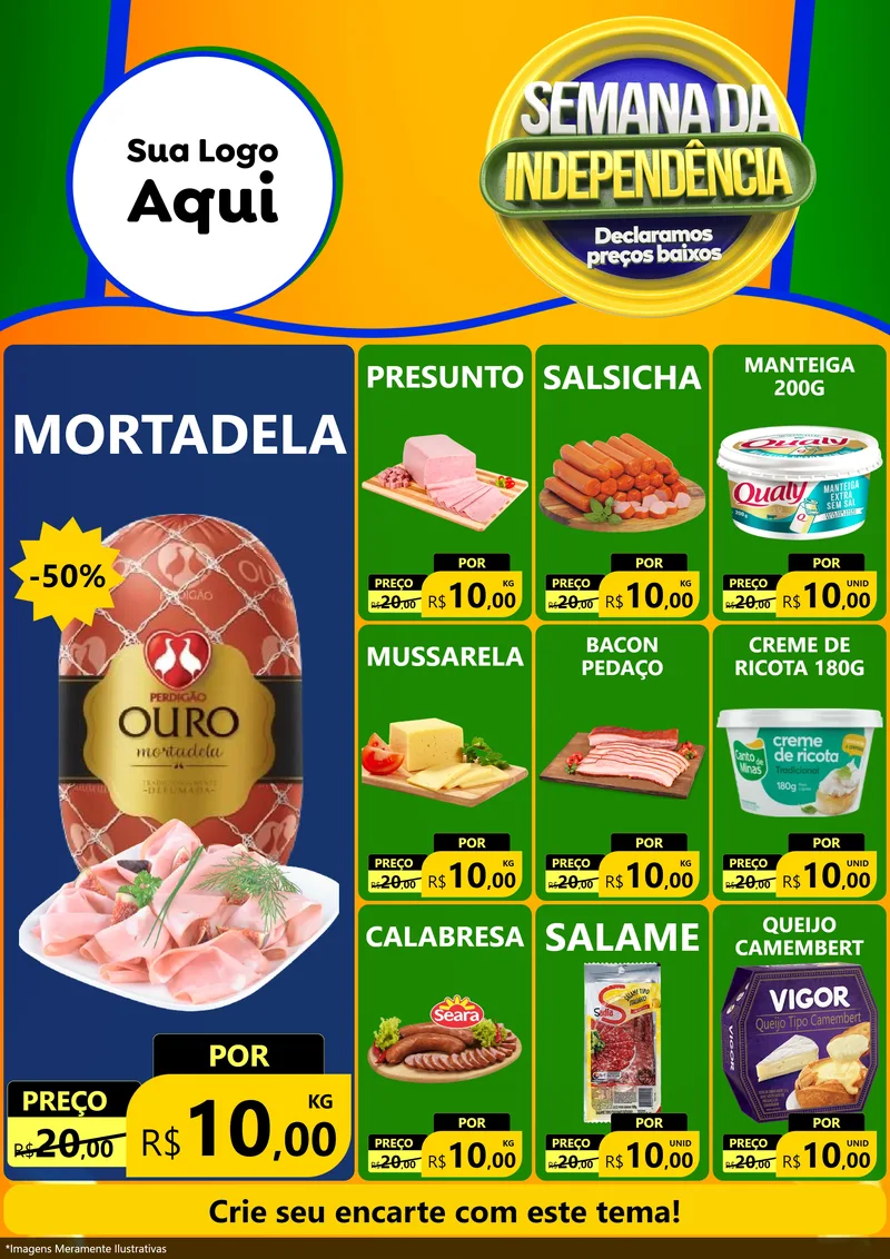 Modelo de Encarte para Encarte A4 Vertical com o tema Semana da Independência Declaramos Preços Baixos para Frios e Laticínios