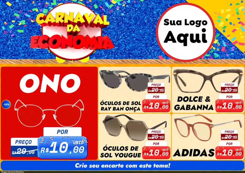 Modelo de Encarte para Encarte A4 Horizontal com o tema Carnaval da Economia para Óticas