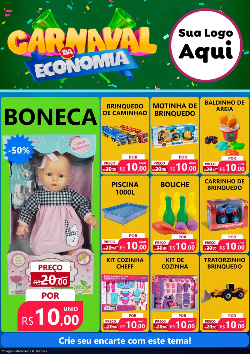 Modelo de Encarte para Encarte A4 Vertical com o tema Carnaval da Economia para Brinquedos
