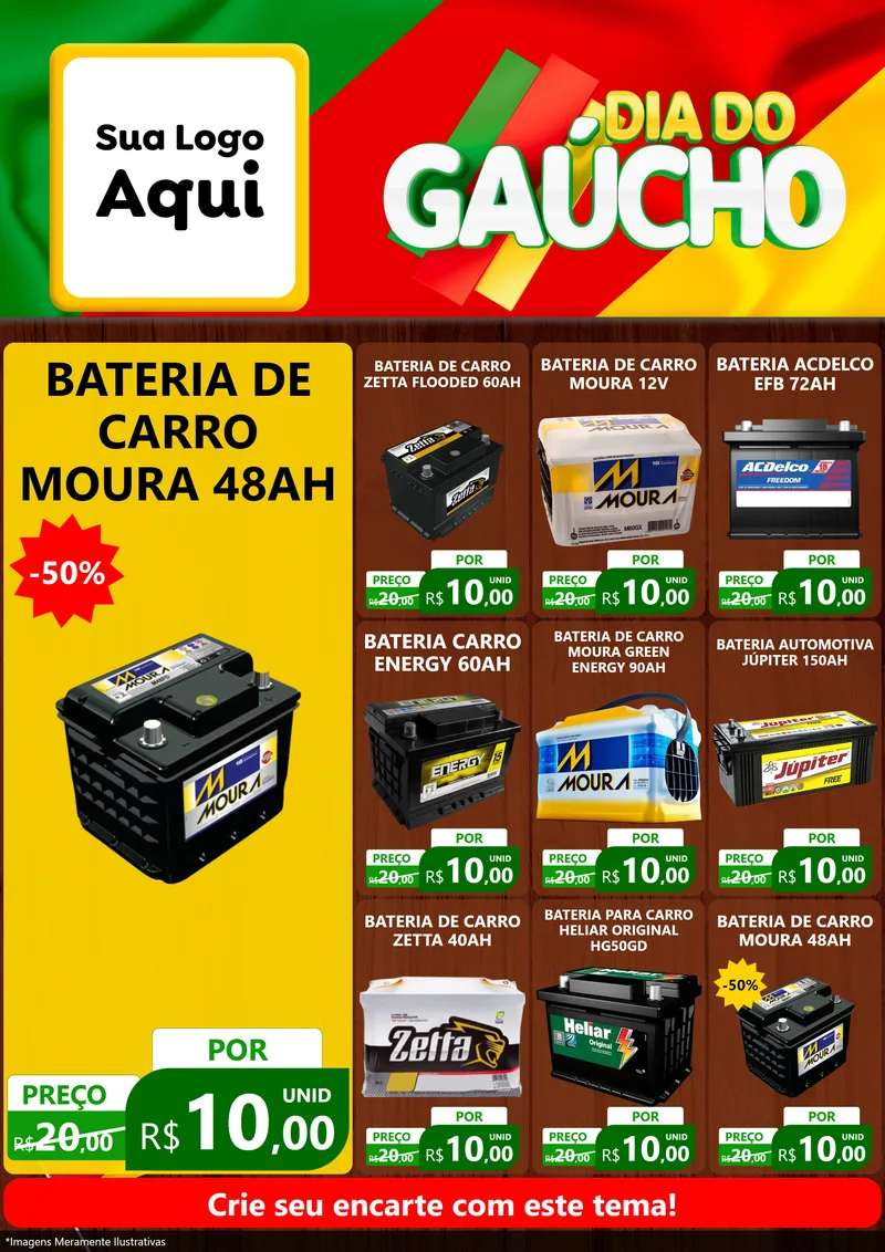 Modelo de Encarte para Encarte A4 Vertical com o tema Dia do Gaúcho para Baterias Elétricas