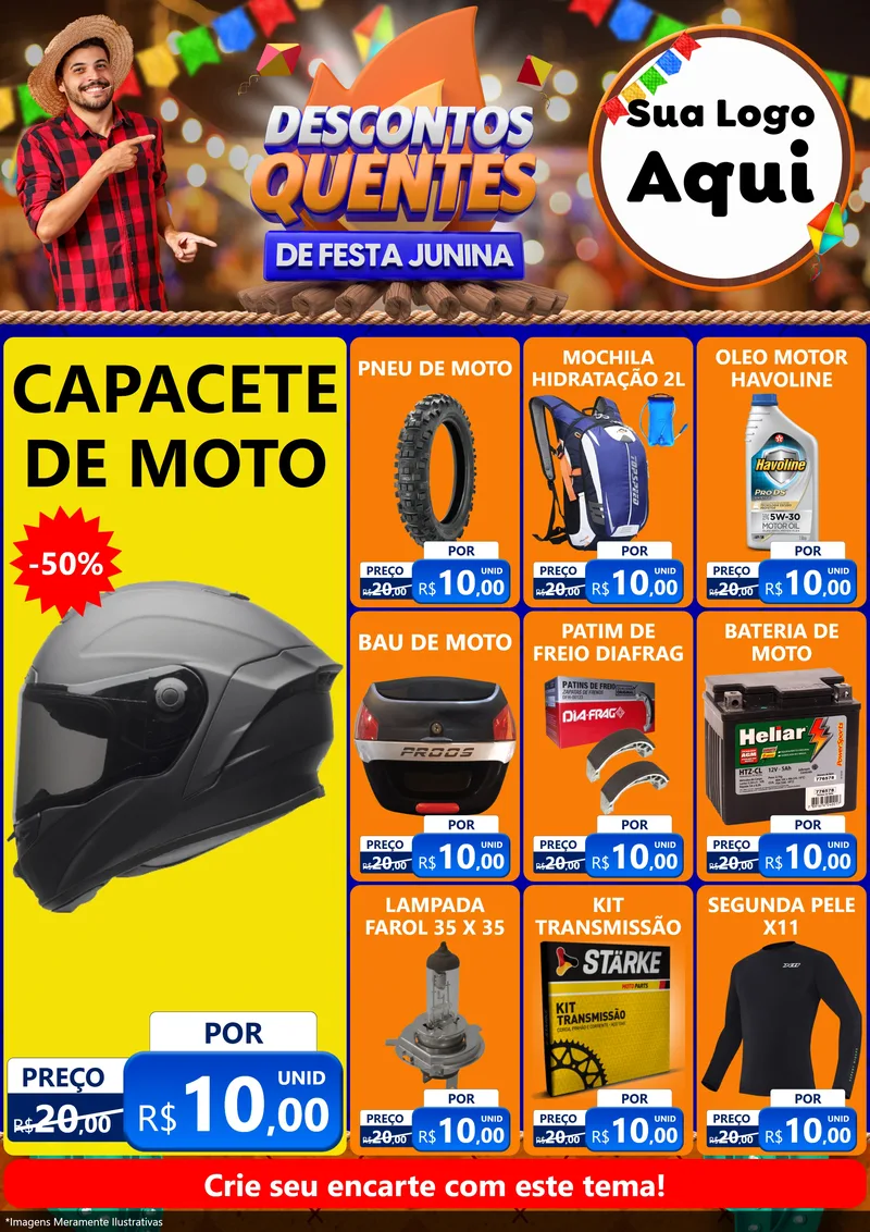 Modelo de Encarte para Encarte A4 Vertical com o tema Descontos Quentes de Festa Junina para Moto peças