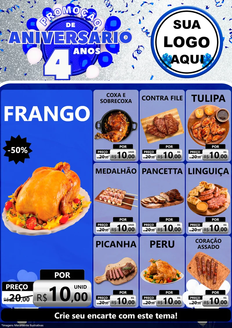 Modelo de Encarte para Encarte A4 Vertical com o tema Promoção de Aniversário - 4 Anos para Assados