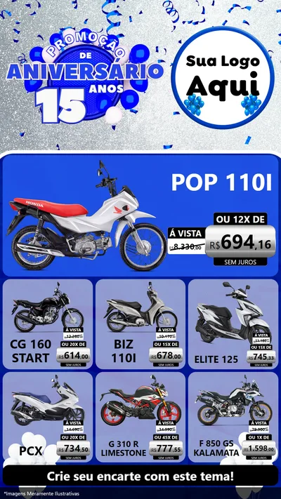 Modelo de Rede Social para Stories com o tema Promoção de Aniversário - 15 Anos para Concessionaria de Motos
