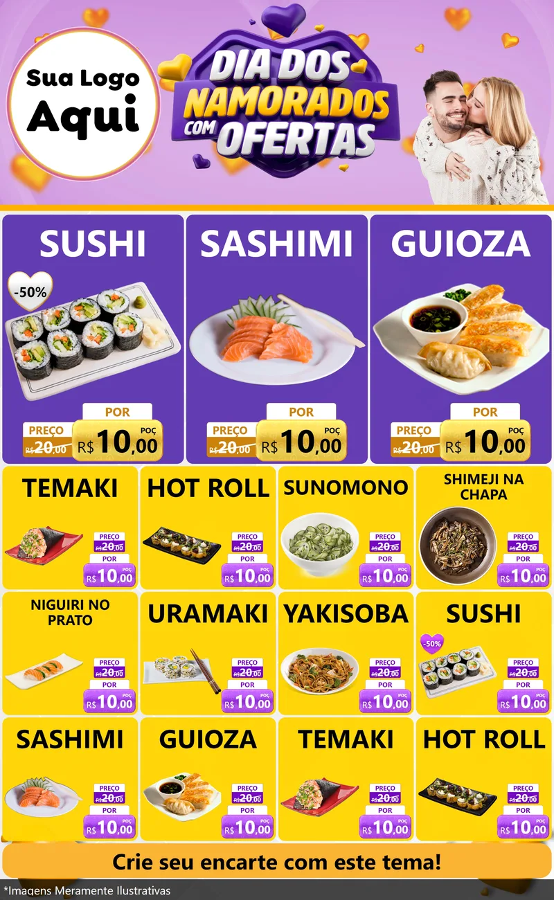 Modelo de Encarte para Encarte Grande com o tema Dia Dos Namorados Com Ofertas para Comida japonesa