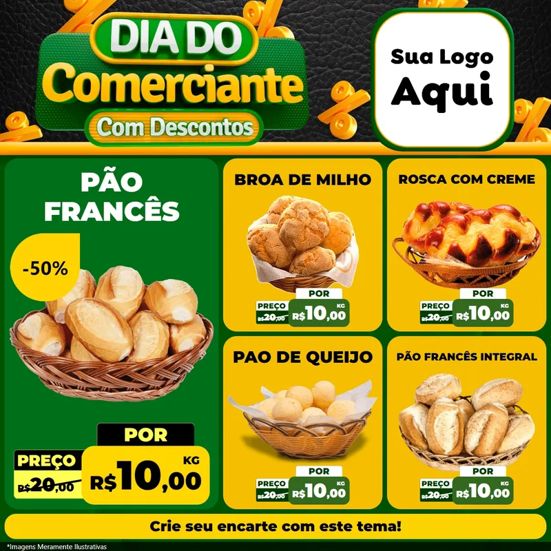 Modelo de Rede Social para Feed Facebook com o tema Dia do Comerciante com Descontos para Padaria