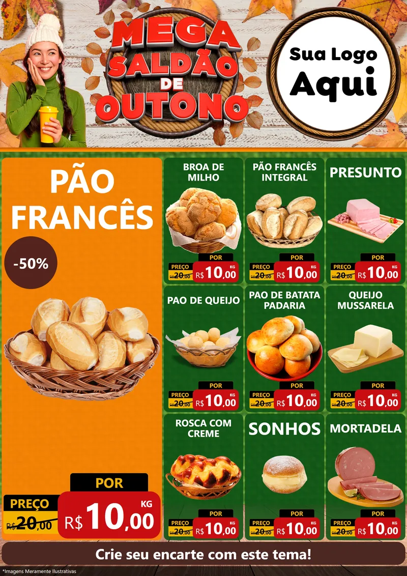 Modelo de Encarte para Encarte A4 Vertical com o tema Mega Saldão de Outono para Padaria