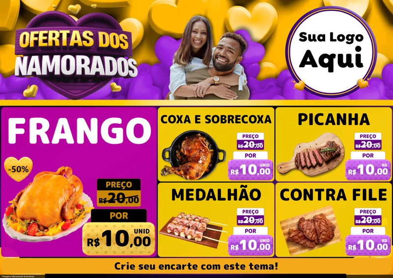 Modelo de Encarte para Encarte A4 Horizontal com o tema Oferta Dos Namorados para Assados