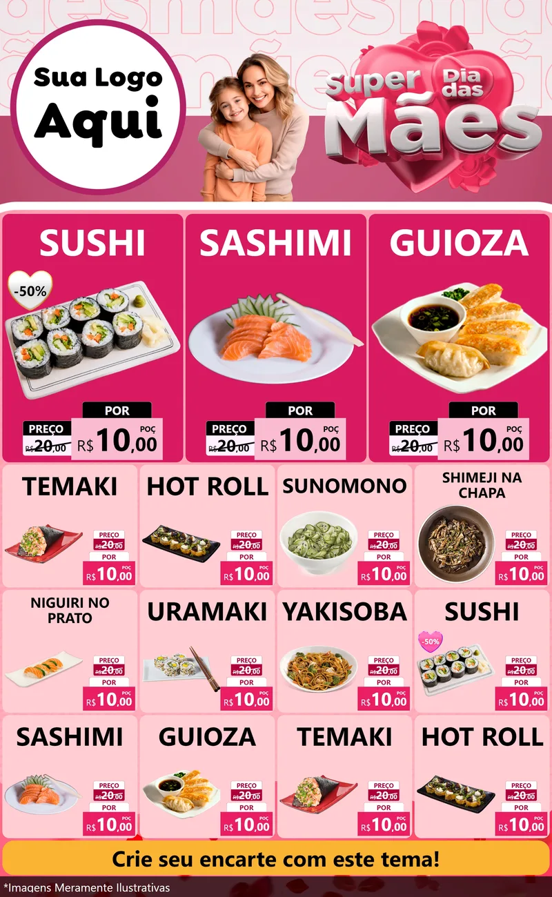 Modelo de Encarte para Encarte Grande com o tema Super Dia Das Mães para Comida japonesa