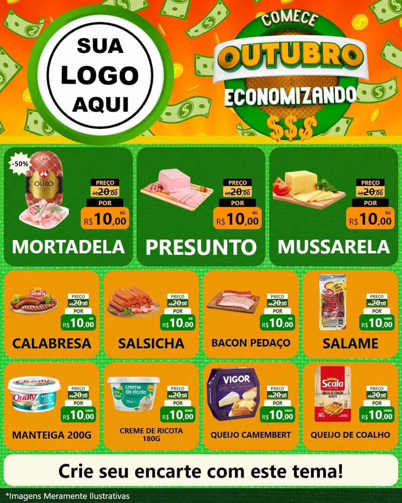 Modelo de Rede Social para Feed Instagram com o tema Comece Outubro Economizando para Frios e Laticínios