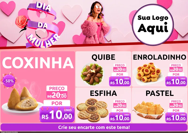 Modelo de Encarte para Encarte A4 Horizontal com o tema Dia da Mulher para Salgadaria