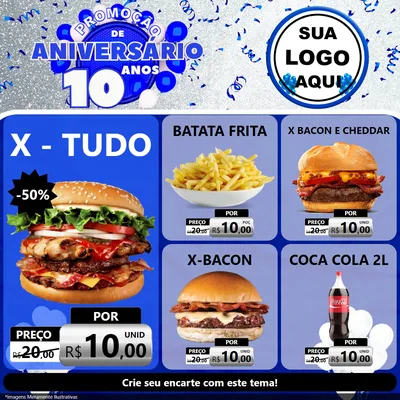 Modelo de Rede Social para Feed Facebook com o tema Promoção de Aniversário - 10 Anos para Hamburgueria