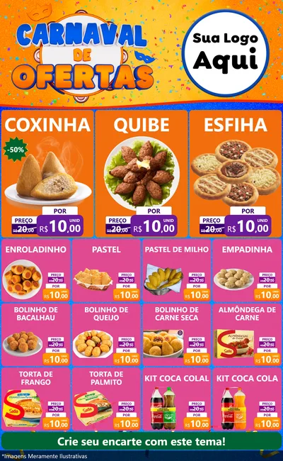Modelo de Encarte para Encarte Grande com o tema Carnaval de Ofertas para Salgadaria