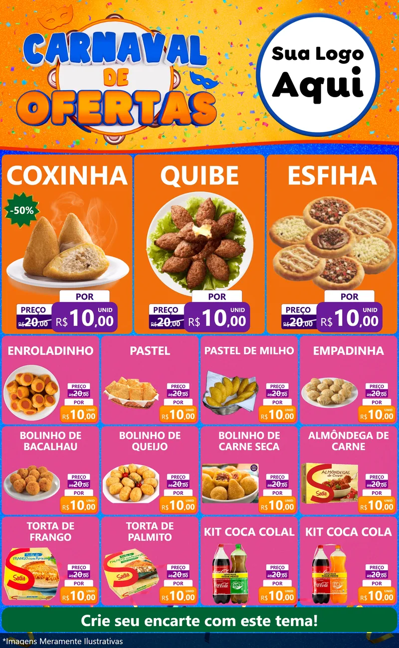 Modelo de Encarte para Encarte Grande com o tema Carnaval de Ofertas para Salgadaria