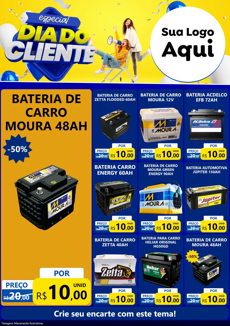 Modelo de Encarte para Encarte A4 Vertical com o tema Especial Dia do Cliente para Baterias Elétricas