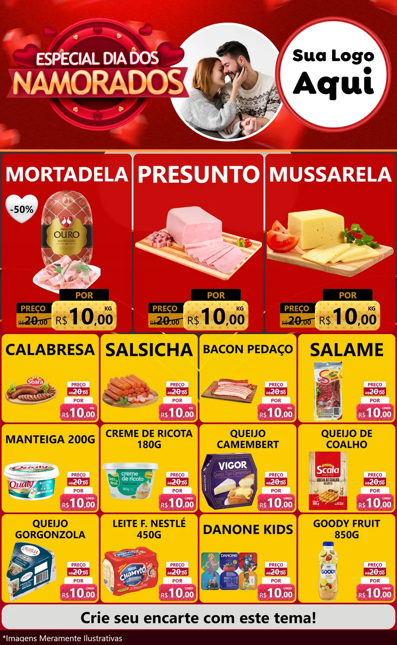 Modelo de Encarte para Encarte Grande com o tema Especial Dia Dos Namorados para Frios e Laticínios