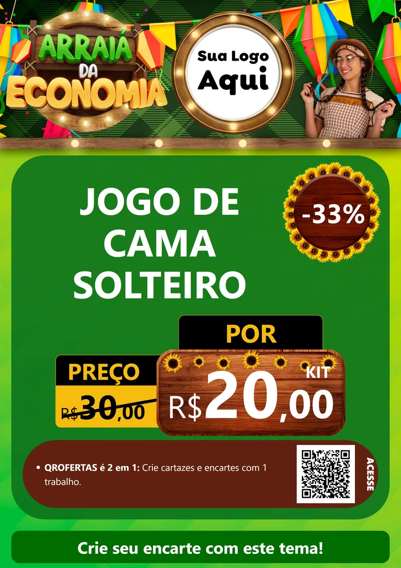 Modelo de Cartaz para Cartaz A4 Vertical com o tema Arraiá de Economia para Cama, Mesa e Banho