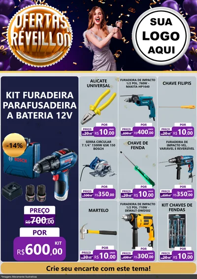 Modelo de Encarte para Encarte A4 Vertical com o tema Ofertas de Réveillon para Maquinas e Ferramentas