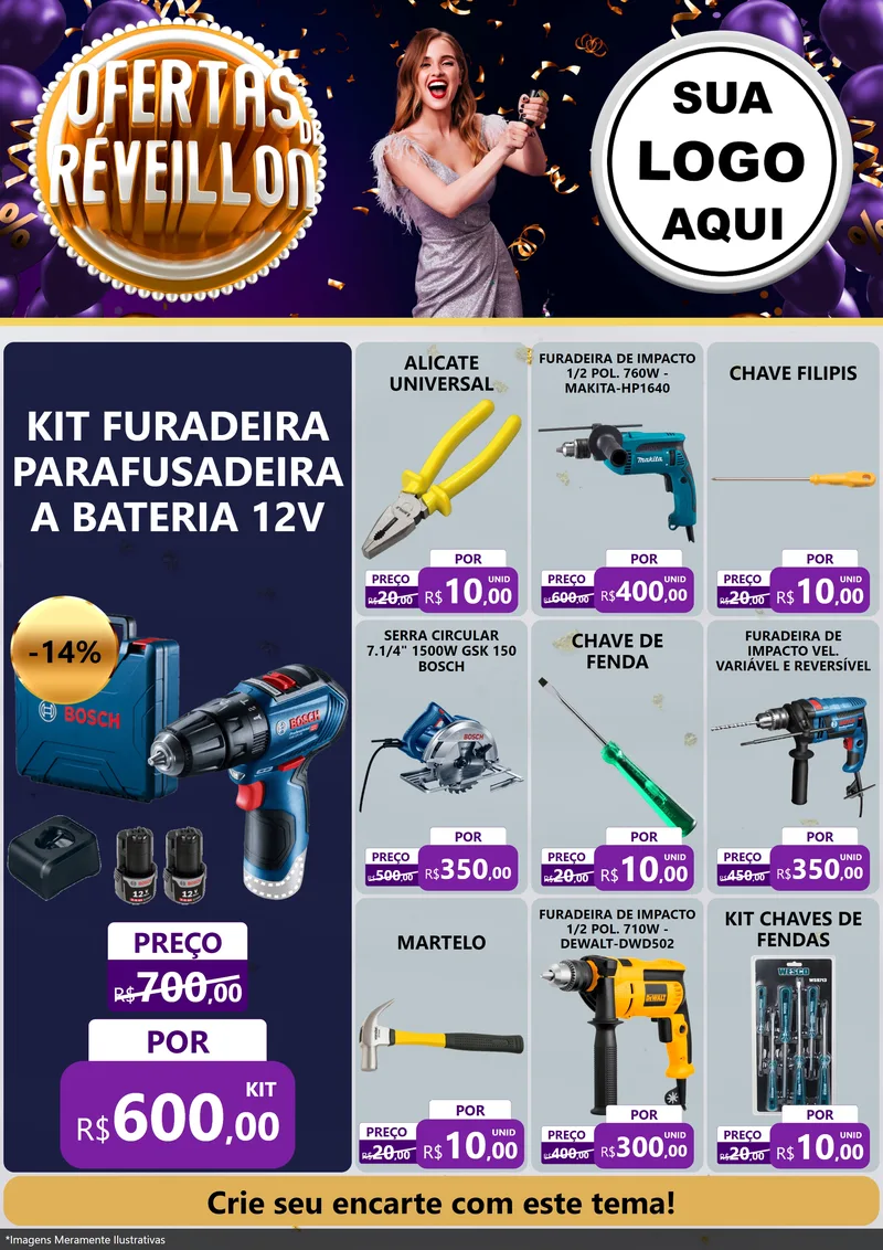 Modelo de Encarte para Encarte A4 Vertical com o tema Ofertas de Réveillon para Maquinas e Ferramentas