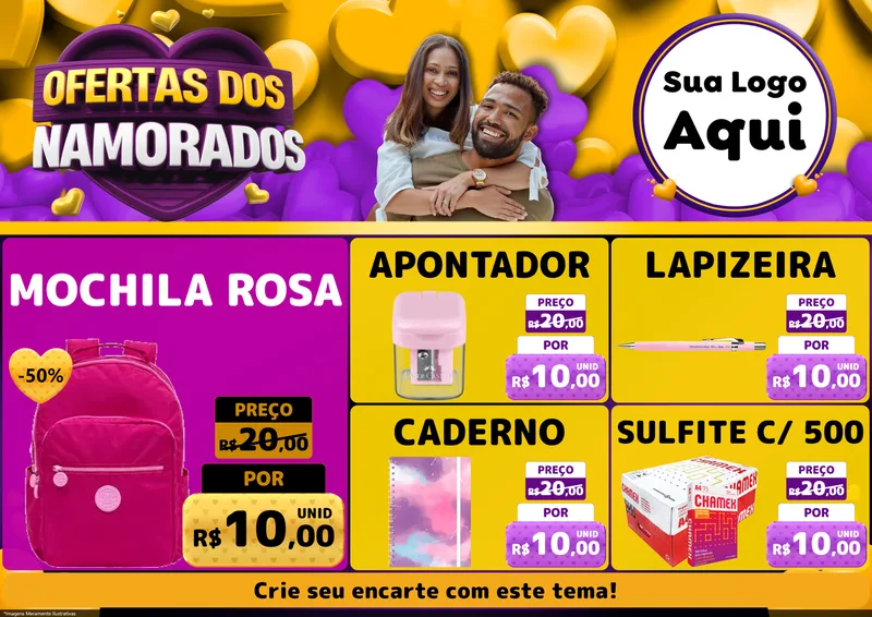 Modelo de Encarte para Encarte A4 Horizontal com o tema Oferta Dos Namorados para Papelaria