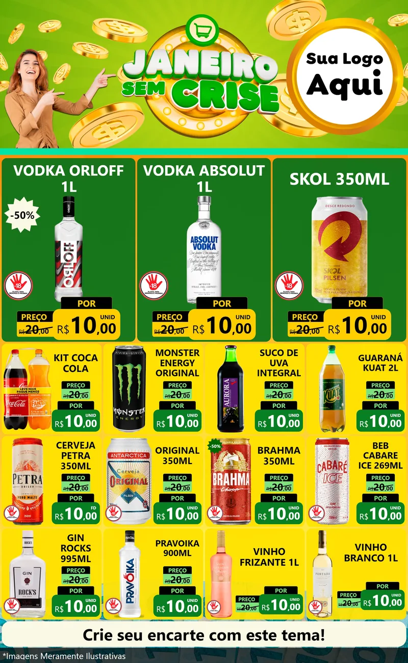 Modelo de Encarte para Encarte Grande com o tema Janeiro Sem Crise para Distribuidora de bebidas