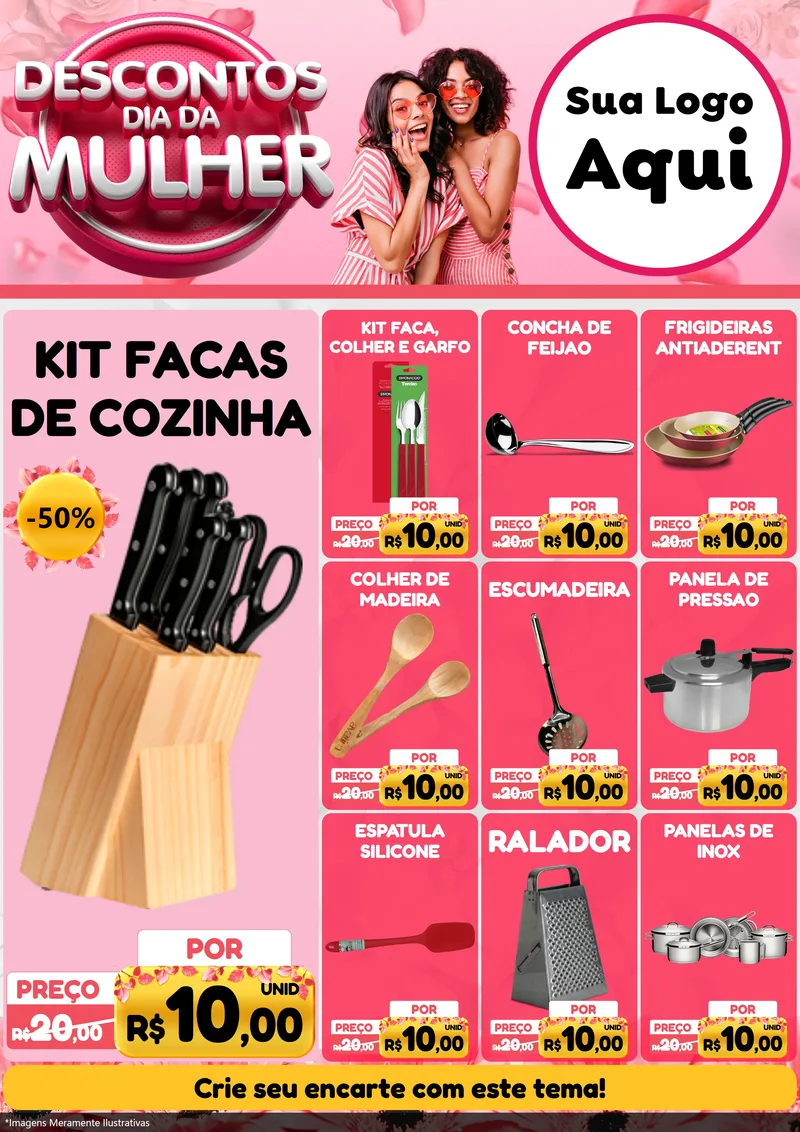 Modelo de Encarte para Encarte A4 Vertical com o tema Descontos Dia da Mulher para Utilidades Domésticas