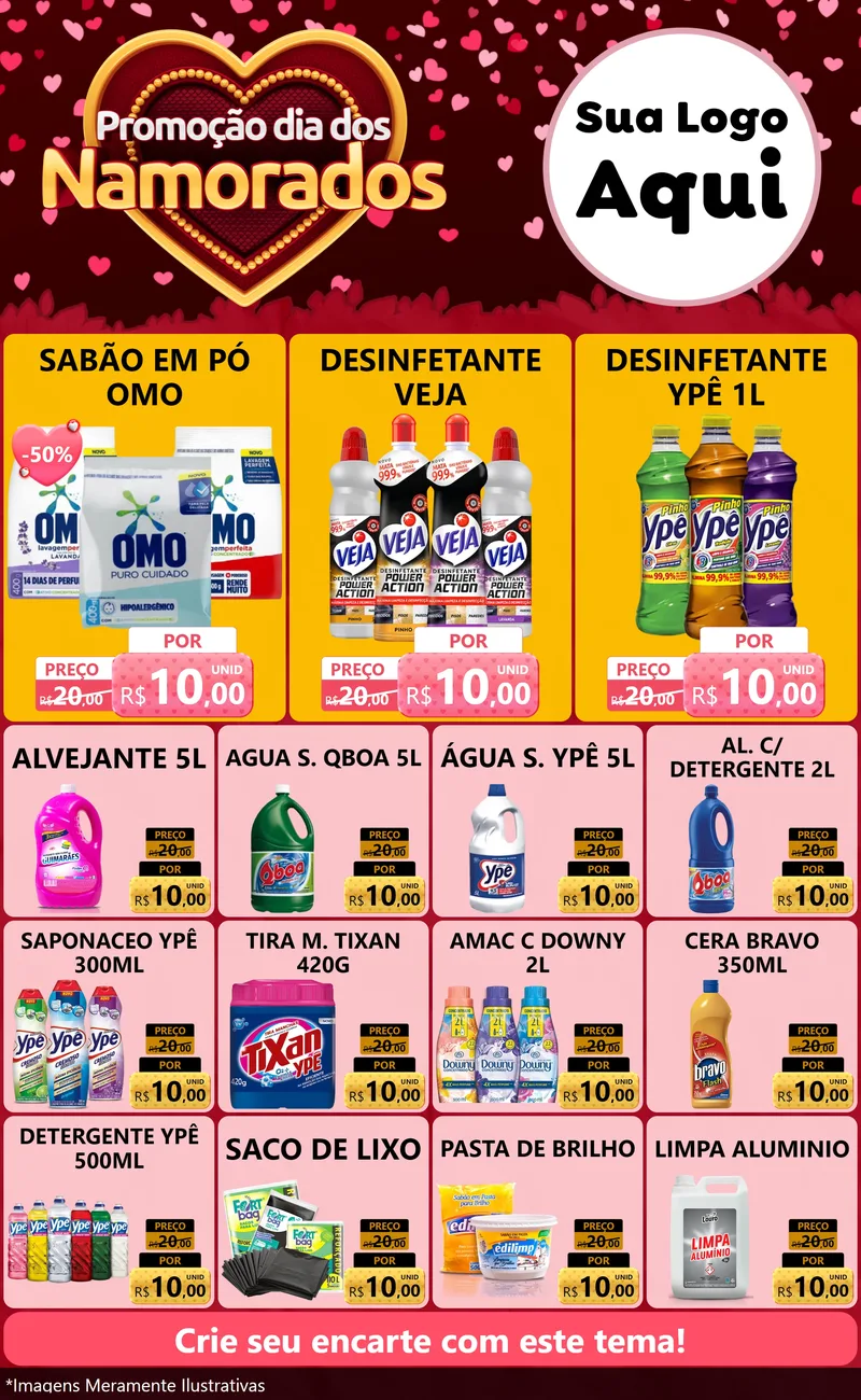 Modelo de Encarte para Encarte Grande com o tema Promoção Dia Dos Namorados para Produtos de Limpeza