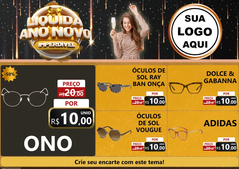 Modelo de Encarte para Encarte A4 Horizontal com o tema Liquida Ano Novo Imperdível para Óticas