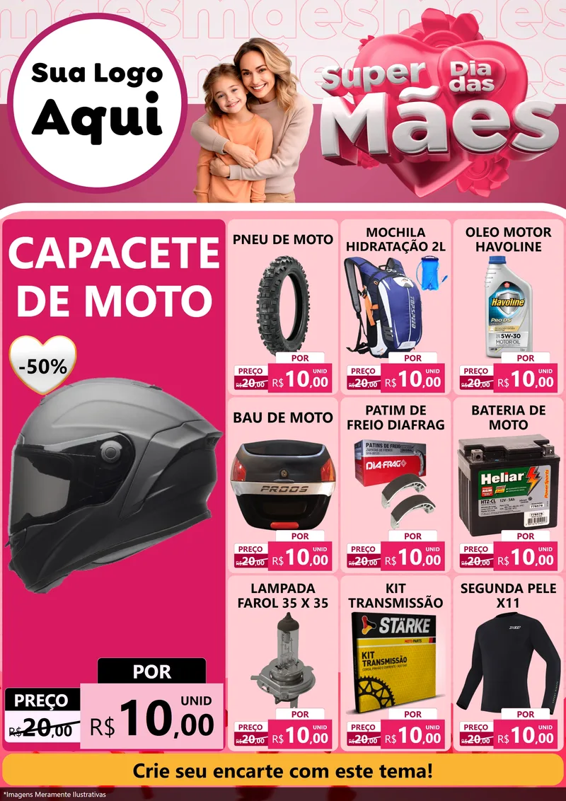 Modelo de Encarte para Encarte A4 Vertical com o tema Super Dia Das Mães para Moto peças
