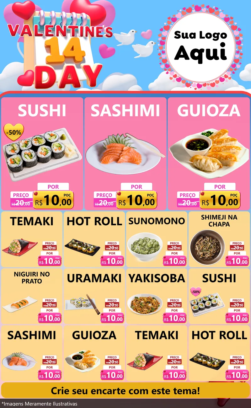 Modelo de Encarte para Encarte Grande com o tema Valentine's Day para Comida japonesa