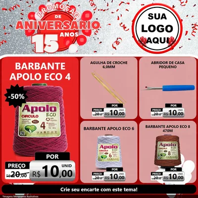 Modelo de Rede Social para Feed Facebook com o tema Promoção de Aniversário - 15 Anos para Armarinho e Aviamentos