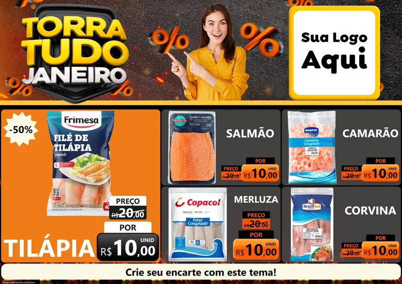 Modelo de Encarte para Encarte A4 Horizontal com o tema Torra Tudo Janeiro para Peixaria